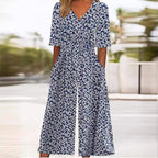 Macacão feminino floral boho decote V meia manga corte reto
