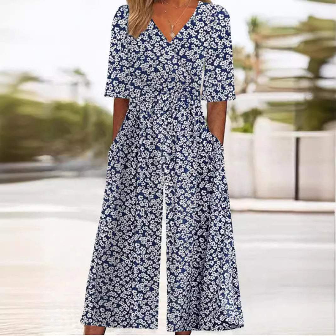 Macacão feminino floral boho decote V meia manga corte reto