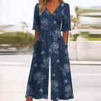 Macacão feminino floral boho decote V meia manga corte reto