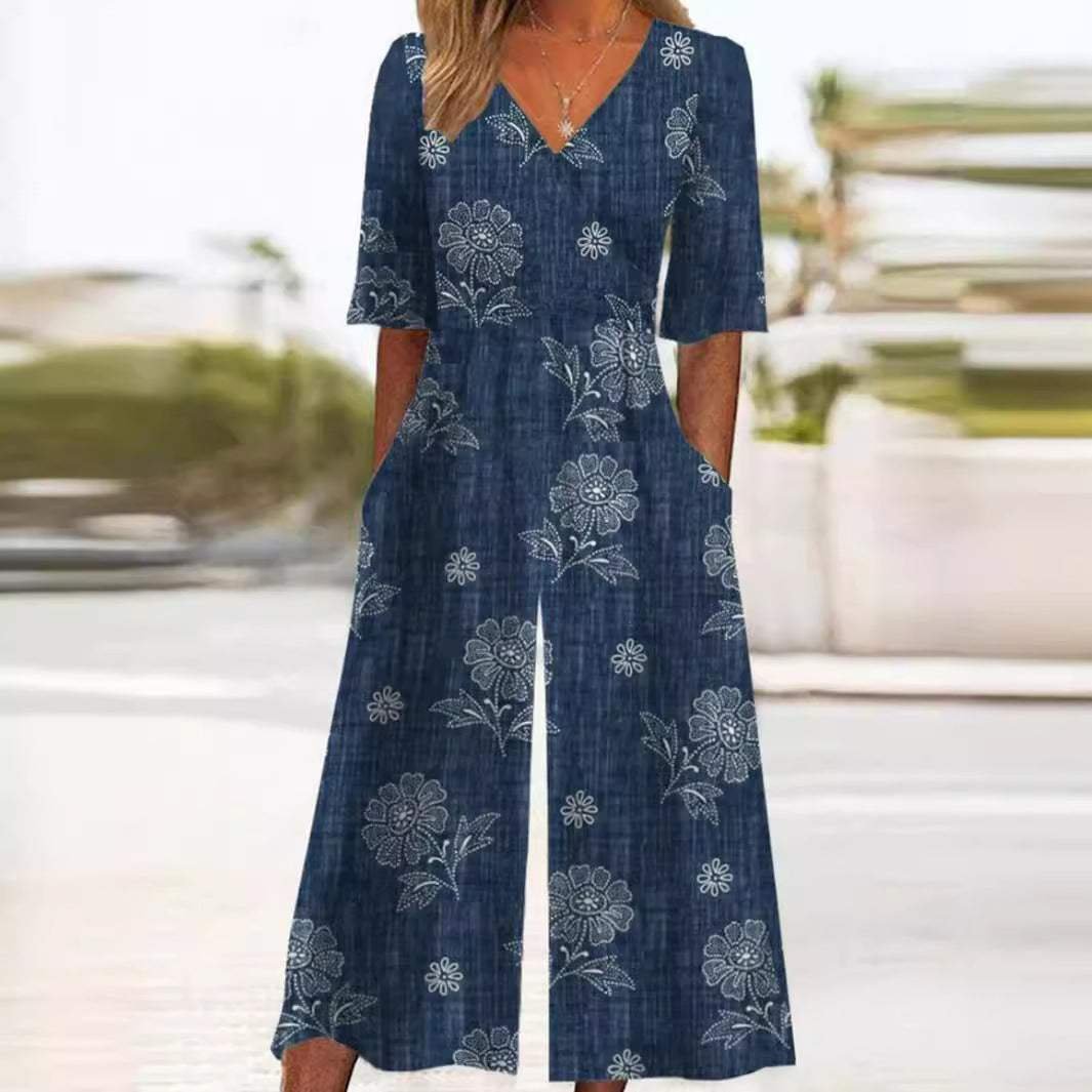 Macacão feminino floral boho decote V meia manga corte reto