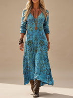 Vestido maxi feminino boho floral manga longa com decote V estampa vintage