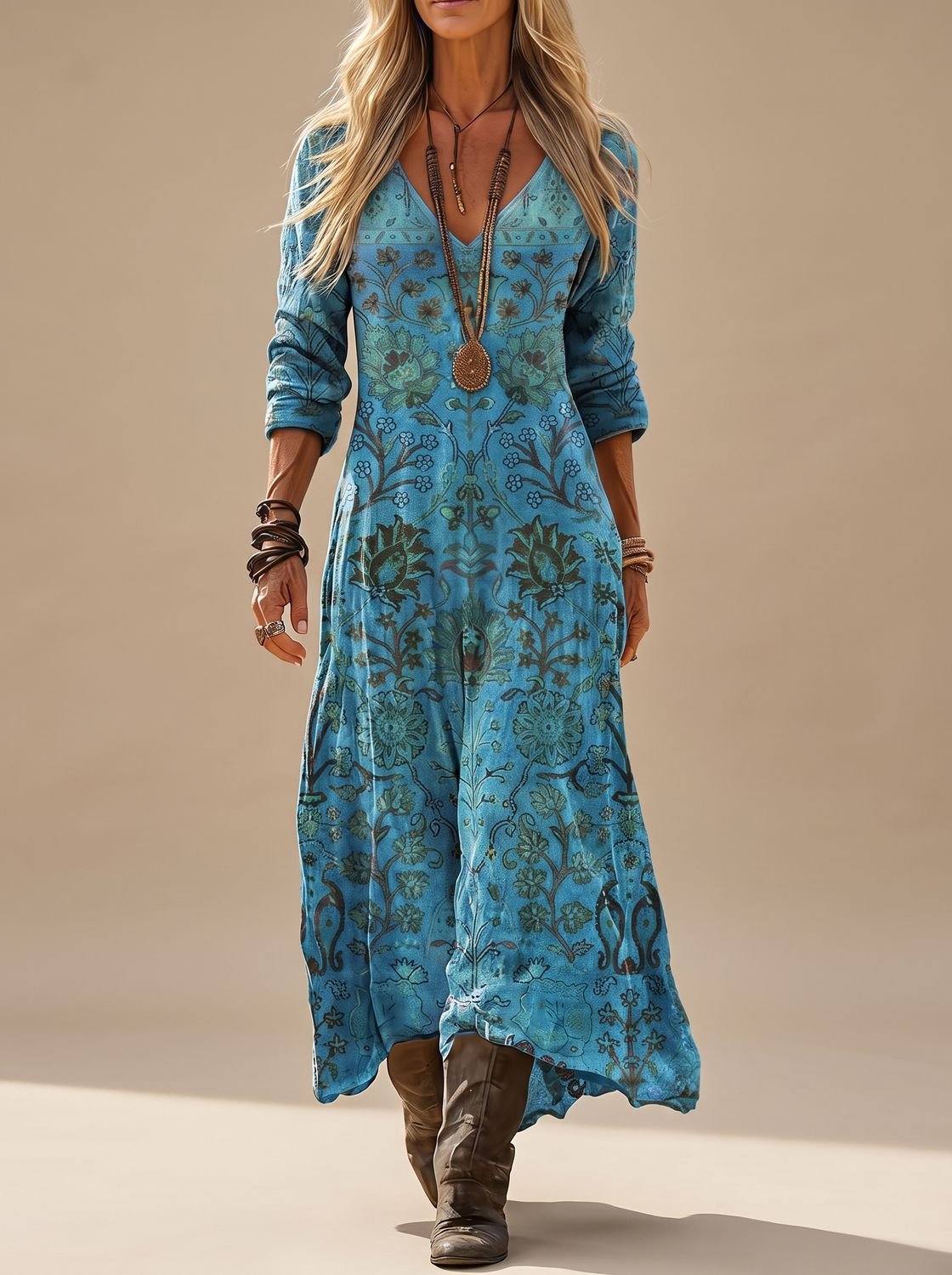 Vestido maxi feminino boho floral manga longa com decote V estampa vintage