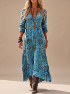 Vestido maxi feminino boho floral manga longa com decote V estampa vintage