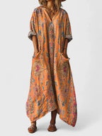 Vestido longo feminino boho algodão estampa paisley com bolsos frontais