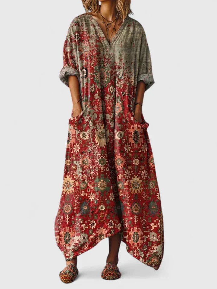 Vestido longo feminino boho algodão estampa paisley com bolsos frontais