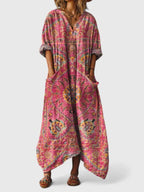 Vestido longo feminino boho algodão estampa paisley com bolsos frontais