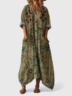 Vestido longo feminino boho algodão estampa paisley com bolsos frontais