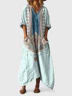 Vestido longo feminino boho algodão estampa paisley com bolsos frontais