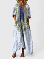 Vestido longo feminino boho algodão estampa paisley com bolsos frontais
