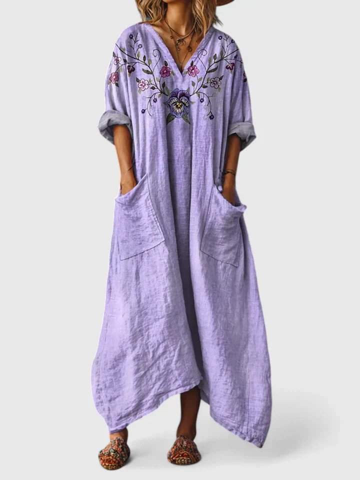 Vestido longo feminino boho algodão estampa paisley com bolsos frontais