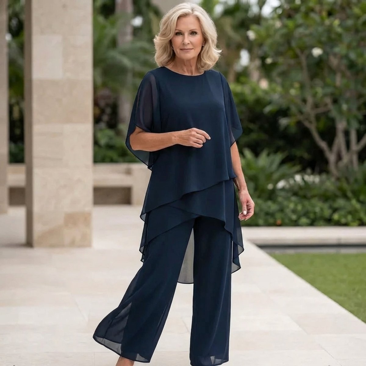 Conjunto chiffon feminino 2 peças blusa sobreposta e calça larga elegante