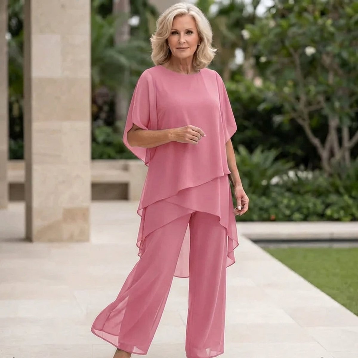 Conjunto chiffon feminino 2 peças blusa sobreposta e calça larga elegante