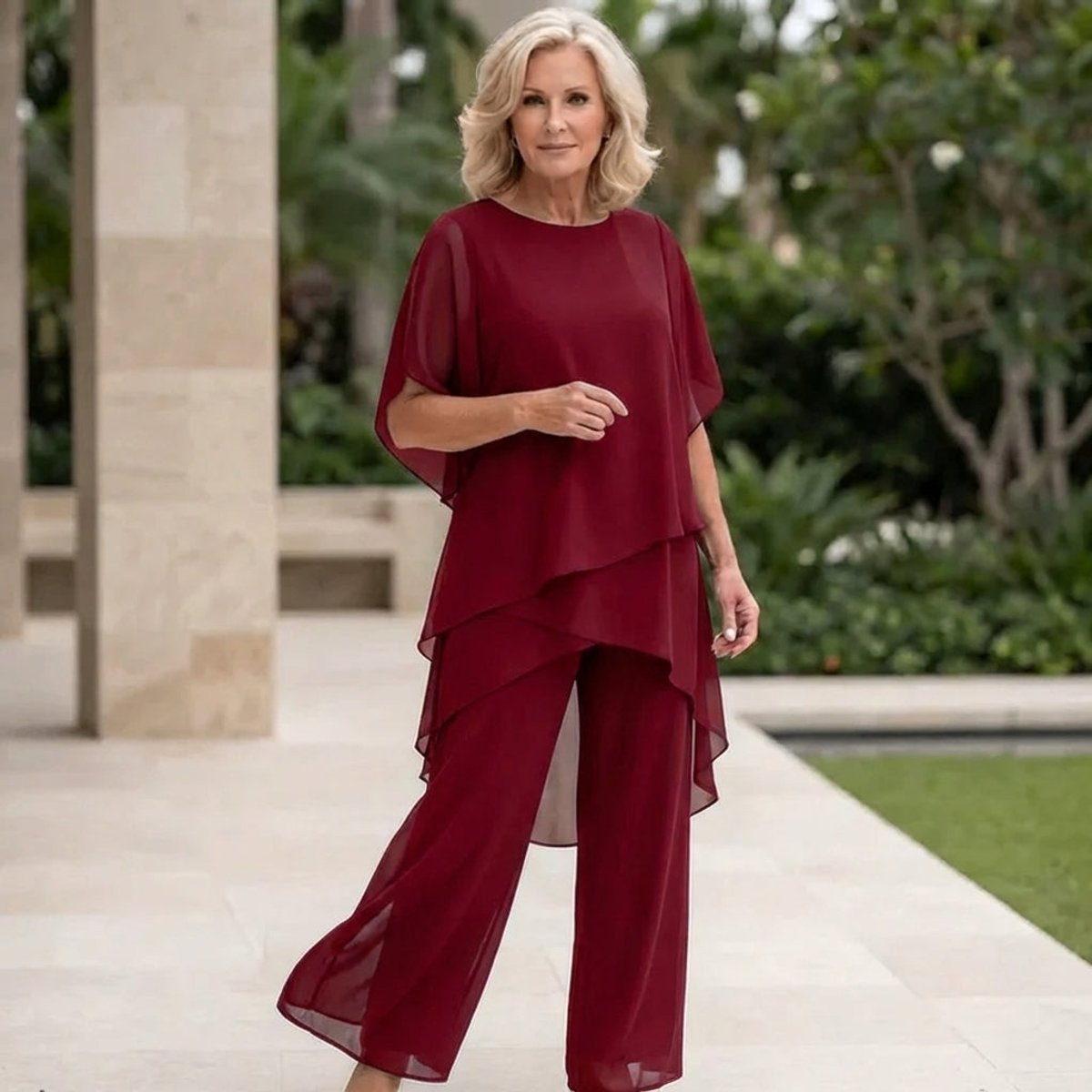 Conjunto chiffon feminino 2 peças blusa sobreposta e calça larga elegante
