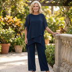 Conjunto chiffon feminino 2 peças blusa sobreposta e calça larga elegante