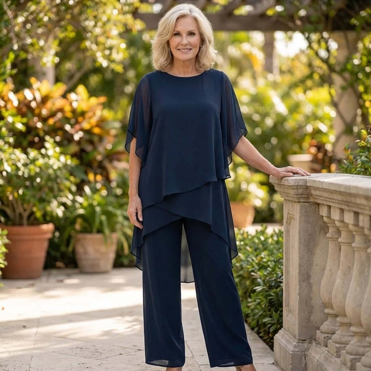 Conjunto chiffon feminino 2 peças blusa sobreposta e calça larga elegante