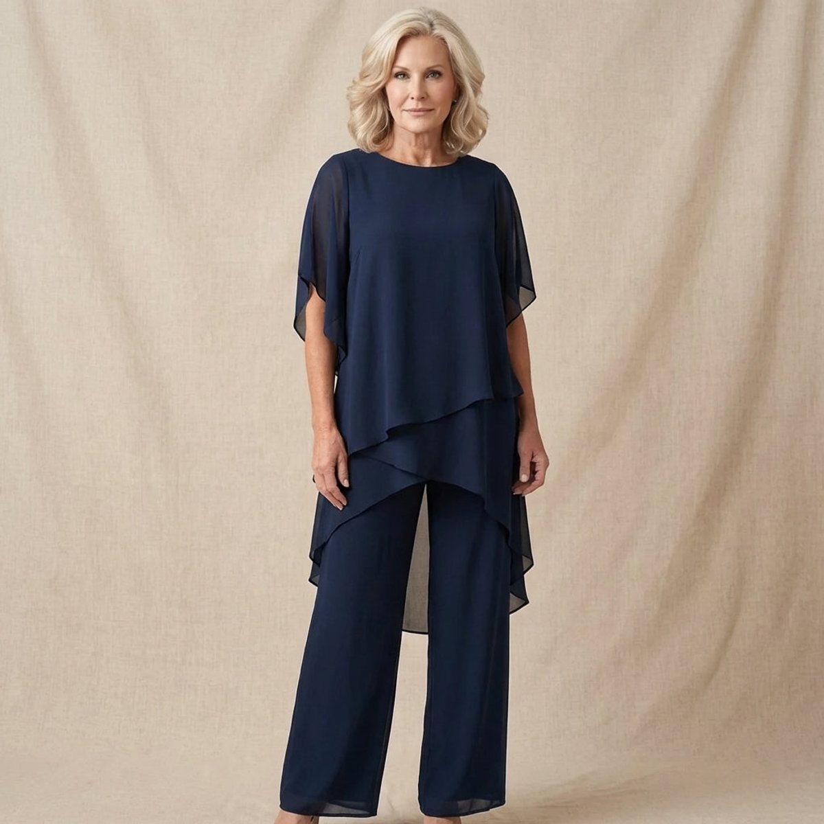 Conjunto chiffon feminino 2 peças blusa sobreposta e calça larga elegante