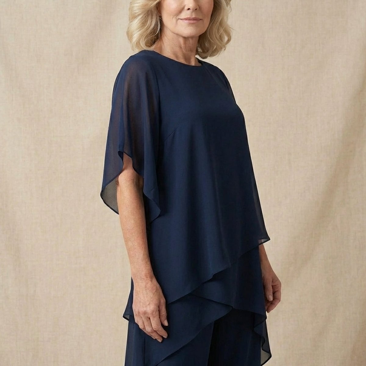 Conjunto chiffon feminino 2 peças blusa sobreposta e calça larga elegante