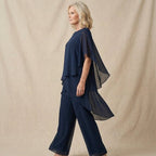 Conjunto chiffon feminino 2 peças blusa sobreposta e calça larga elegante