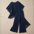 Conjunto chiffon feminino 2 peças blusa sobreposta e calça larga elegante