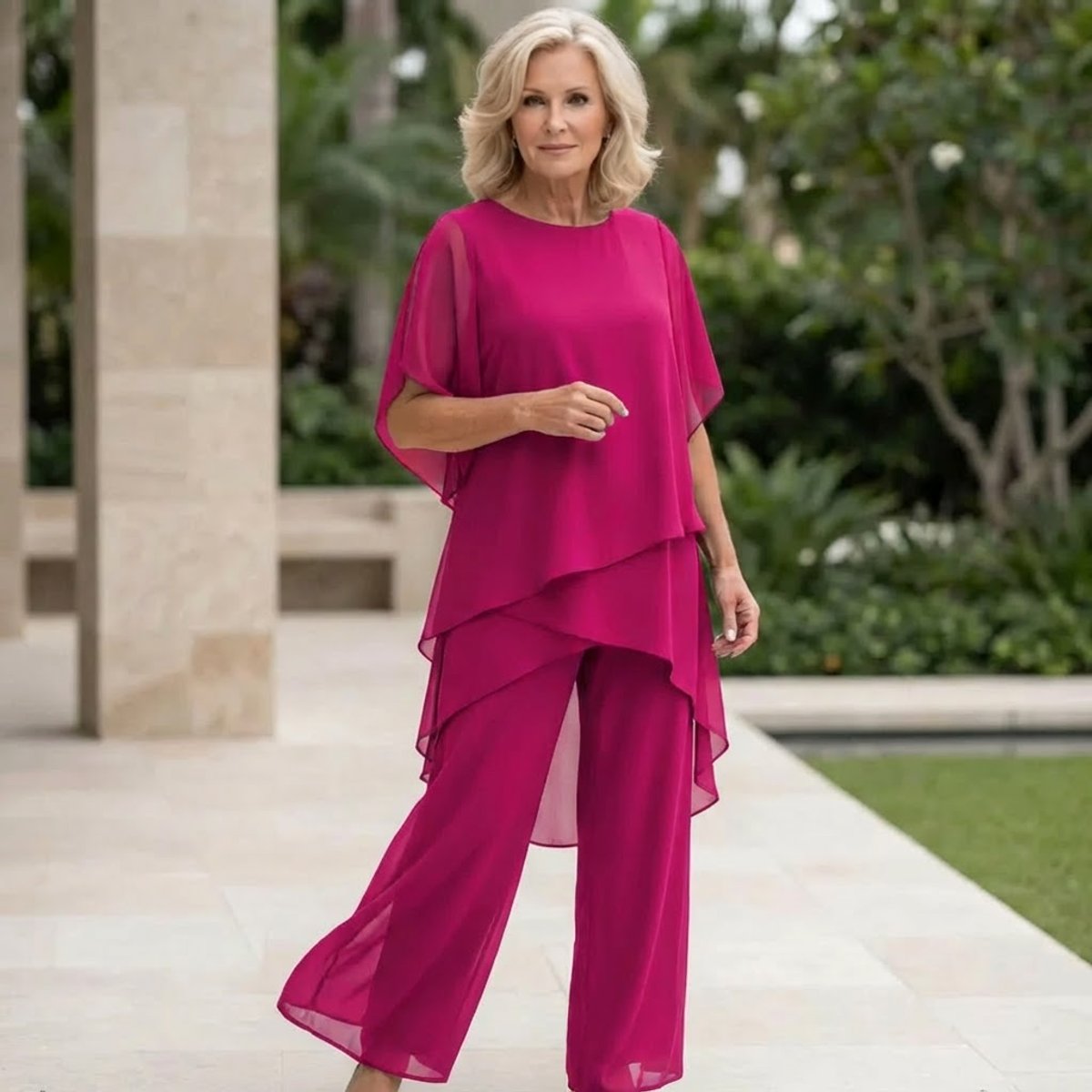 Conjunto chiffon feminino 2 peças blusa sobreposta e calça larga elegante