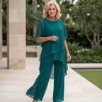 Conjunto chiffon feminino 2 peças blusa sobreposta e calça larga elegante