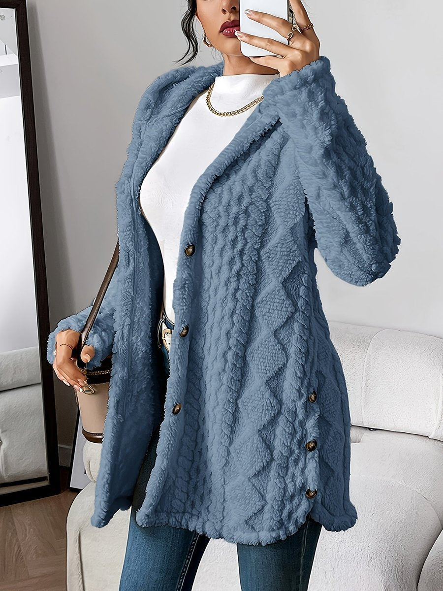 Cardigan feminino peluche oversized com capuz e abotoamento completo
