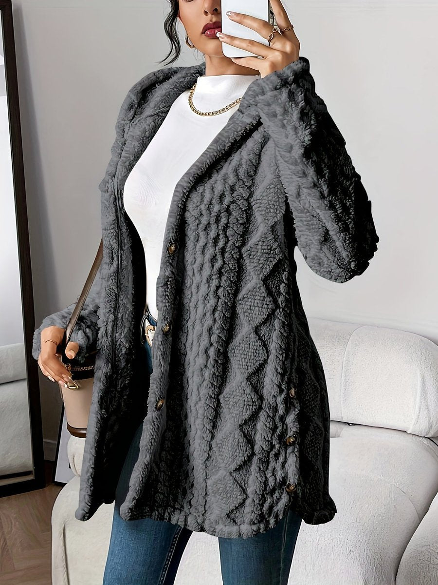 Cardigan feminino peluche oversized com capuz e abotoamento completo