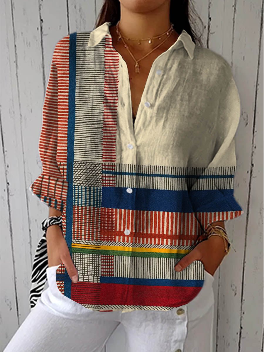 Blusa manga longa feminina padrão geométrico decote V com botões