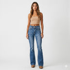 Jeans flare feminino cintura alta corte modelador denim azul