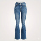 Jeans flare feminino cintura alta corte modelador denim azul