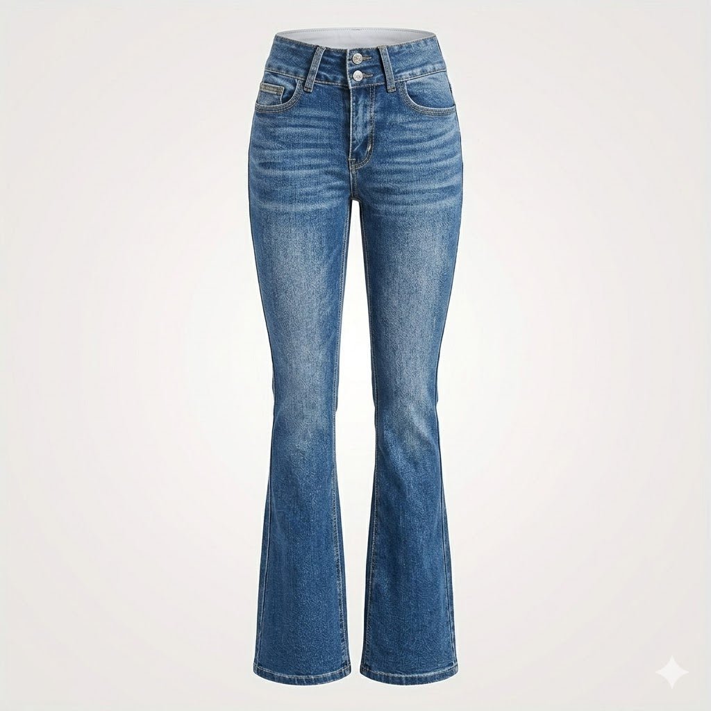 Jeans flare feminino cintura alta corte modelador denim azul