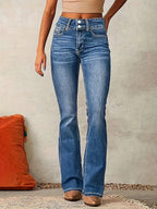 Jeans flare feminino cintura alta corte modelador denim azul
