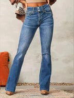 Jeans flare feminino cintura alta corte modelador denim azul