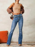 Jeans flare feminino cintura alta corte modelador denim azul