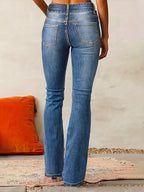 Jeans flare feminino cintura alta corte modelador denim azul