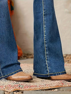 Jeans flare feminino cintura alta corte modelador denim azul