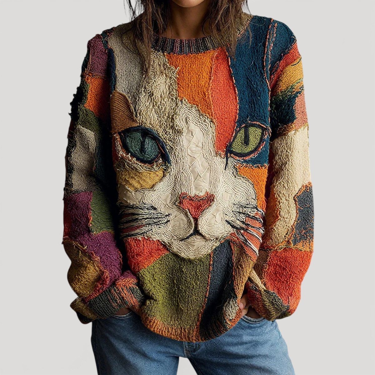 Pullover tricot mulher estampa de gato multicolor decote redondo relaxed fit