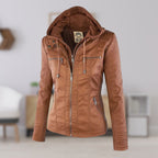 Jaqueta feminina com capuz e zíper slim fit, estilo biker urbano