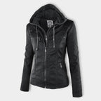 Jaqueta feminina com capuz e zíper slim fit, estilo biker urbano