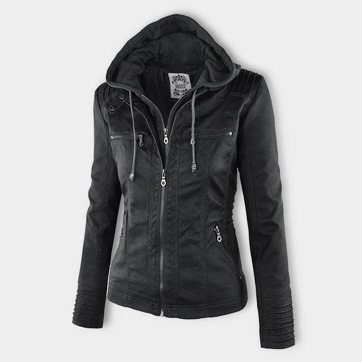 Jaqueta feminina com capuz e zíper slim fit, estilo biker urbano