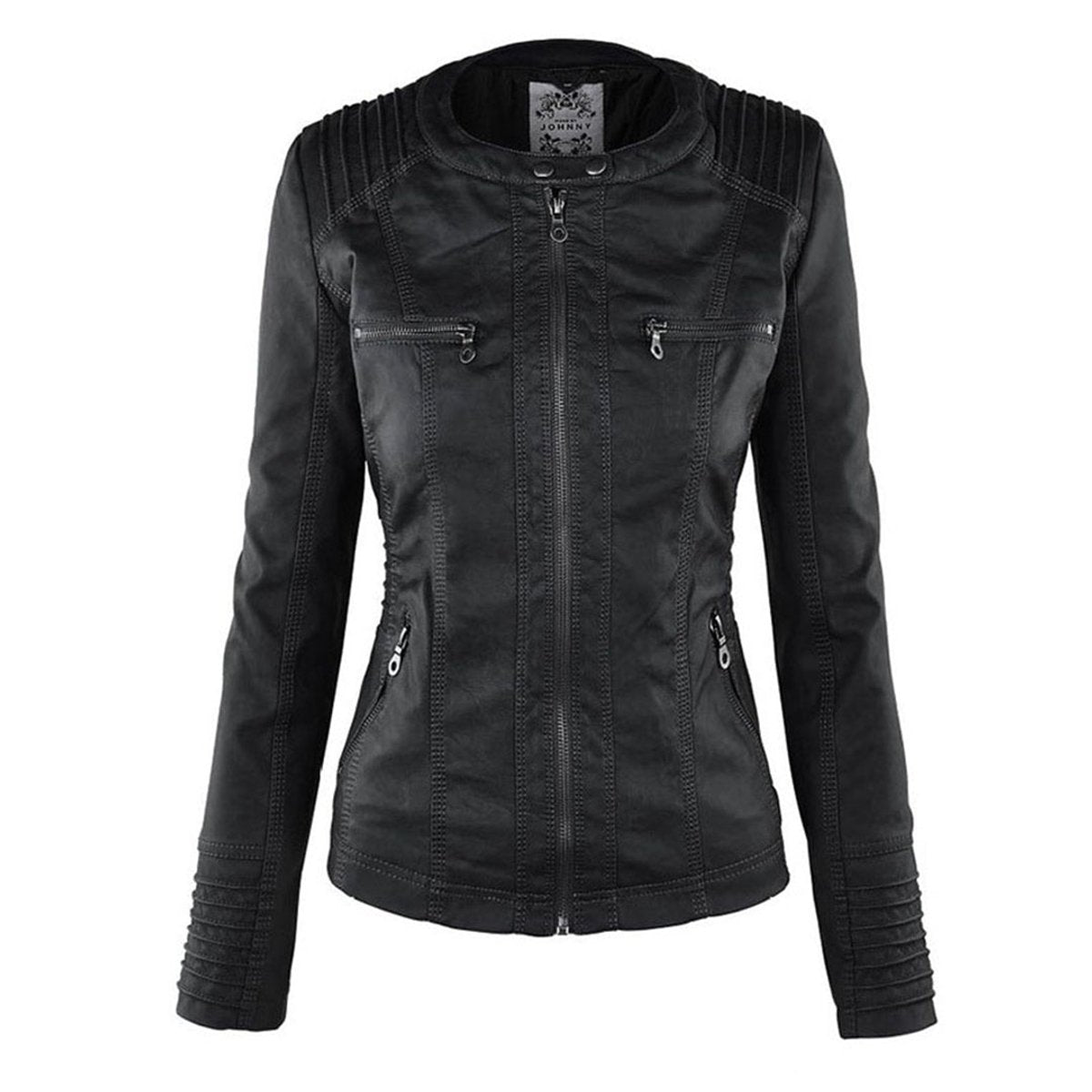 Jaqueta feminina com capuz e zíper slim fit, estilo biker urbano