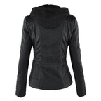 Jaqueta feminina com capuz e zíper slim fit, estilo biker urbano