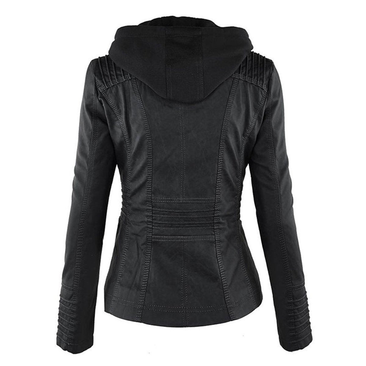Jaqueta feminina com capuz e zíper slim fit, estilo biker urbano