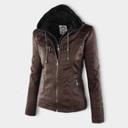 Jaqueta feminina com capuz e zíper slim fit, estilo biker urbano