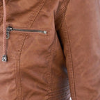 Jaqueta feminina com capuz e zíper slim fit, estilo biker urbano