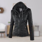 Jaqueta feminina com capuz e zíper slim fit, estilo biker urbano