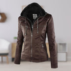 Jaqueta feminina com capuz e zíper slim fit, estilo biker urbano