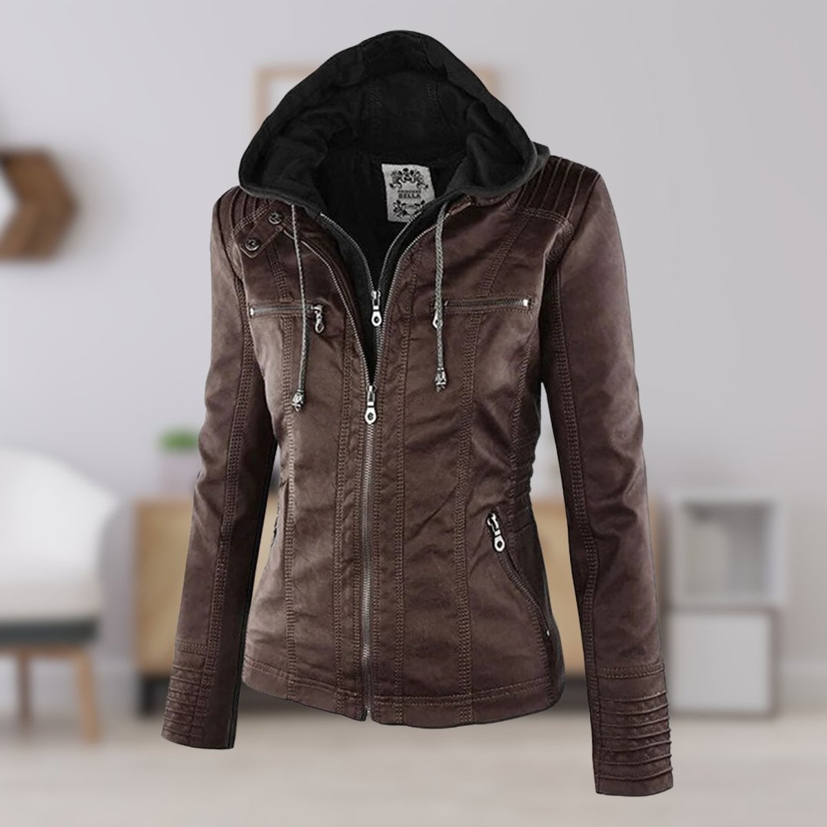 Jaqueta feminina com capuz e zíper slim fit, estilo biker urbano