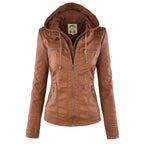 Jaqueta feminina com capuz e zíper slim fit, estilo biker urbano