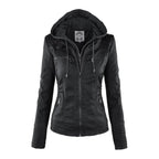 Jaqueta feminina com capuz e zíper slim fit, estilo biker urbano